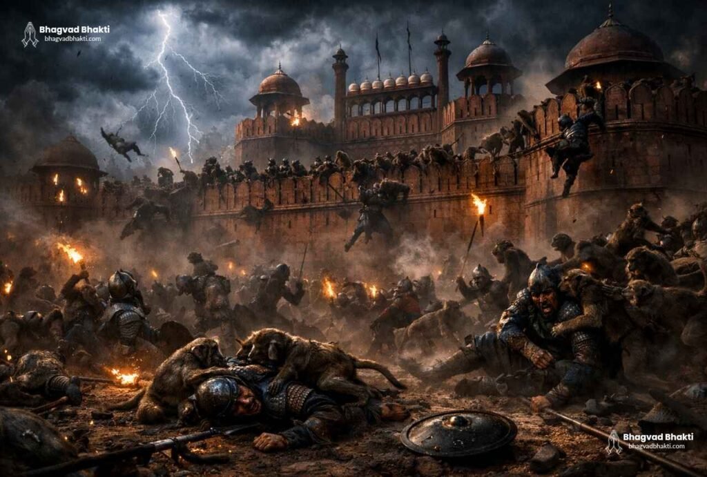 अकबर के लाल किला में वानर सेना के आक्रमण का दृश्य जिसमें वानर मुग़ल सैनिकों को मार रहे हैं। ये तुलसीदास को बचाने वाले बंदर थे।