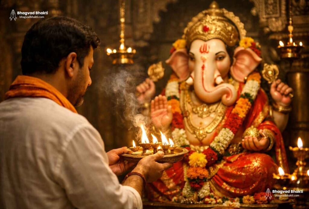 The priest performing the Shri Ganesh Aarti lyrics in English at the Ganesha temple.