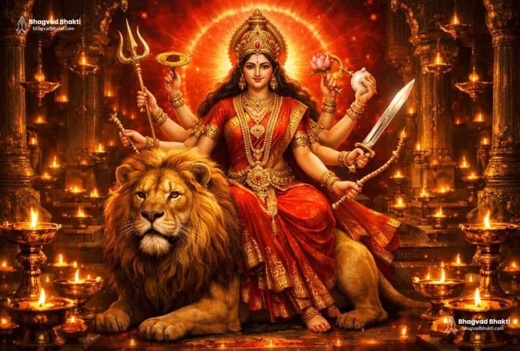 In the divine temple, amidst burning lamps, the eight-armed Mother Durga sits enthroned on a lion. She holds a chakra, a trishula, a sword, a lotus and a conch shell, among other things. Image for Durga chalisa in English