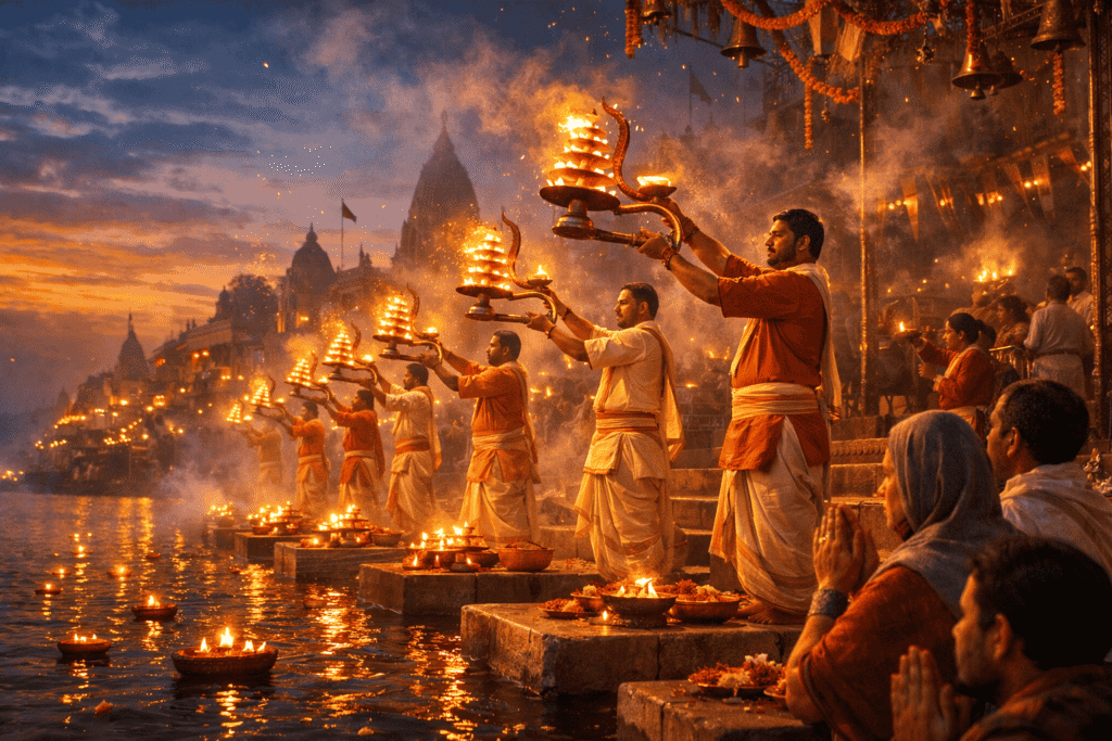 शाम को पुजारी गंगा नदी के घाट पर बहु-स्तरीय दीपक से भव्य गंगा आरती (Ganga Aarti) करते हुए। श्रद्धालु भी हाथ जोड़कर आरती और प्रार्थना करते हुए।