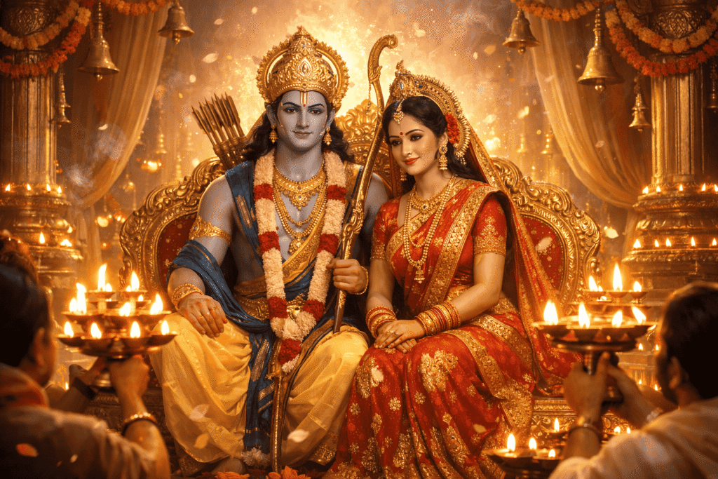 भगवान राम और सीता स्वर्ण सिंहासन पर विराजमान हैं। दीपों की रोशनी से मंदिर के दिव्य वातावरण में जानकीनाथ की आरती (Jai janki natha aarti lyrics) भक्त कर रहे हैं।