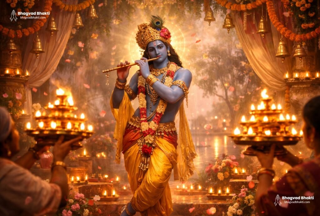 भगवान कृष्ण के भक्त उनकी आरती कर रहे हैं और वे त्रिभंगी मुद्रा में बांसुरी बजाते हुए। मंदिर में दीपों की रोशनी में दिव्य आरती (Shri Krishna Aarti: Aarti Kunj Bihari ki lyrics) हो रही है।