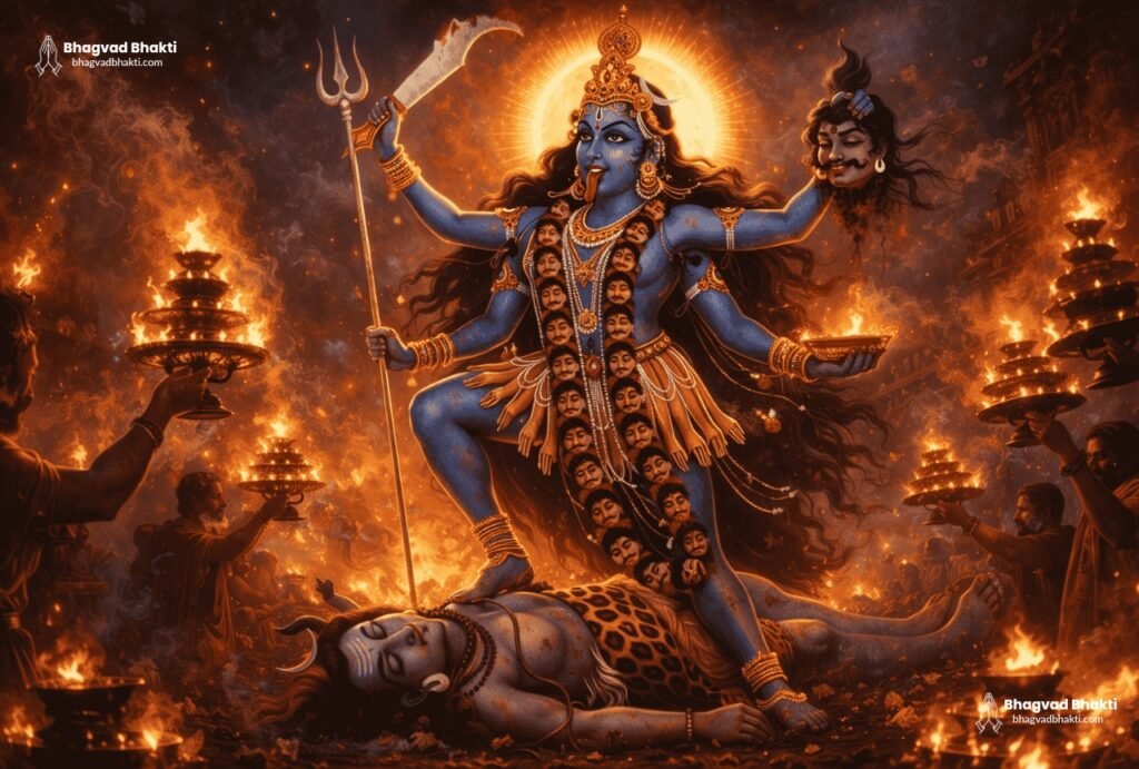 मां काली उग्र स्वरूप में भगवान शिव पर खड़ी हैं। उन्होंने अपने हाथों में त्रिशूल, खड्ग, कटा हुआ रक्तबीज का सिर और कटोरा जिसमें रक्तबीज के सिर का रक्त गिर रहा है को धारण किए हुए हैं। और भक्त काली माता की आरती (Mangal ki seva sun meri deva lyrics) कर रहे हैं।
