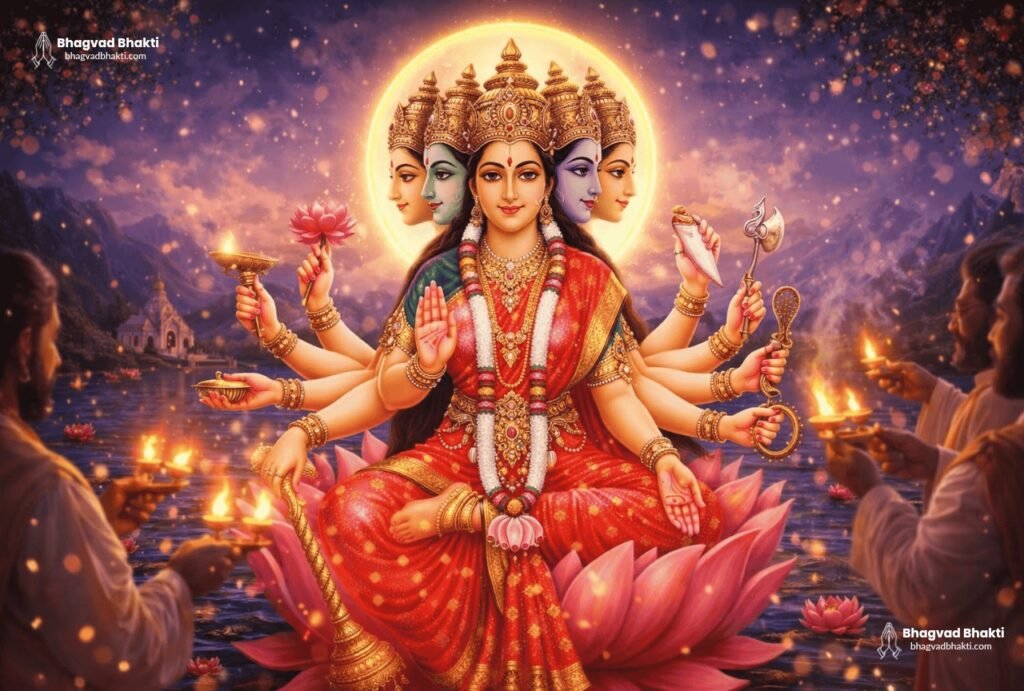 दिव्य स्वरूप पंचमुखी मां गायत्री अनेक भुजाओं से कमल पर विराजमान हैं, और भक्त संध्या आरती (Gayatri Mata ki aarti) कर रहे हैं।