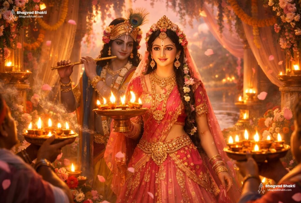 Naive Radha is holding the aarti thali, with Lord Krishna playing the flute behind her, and the divine surroundings are adorned with flowers. Devotees are performing the Radha Rani Aarti in English.
