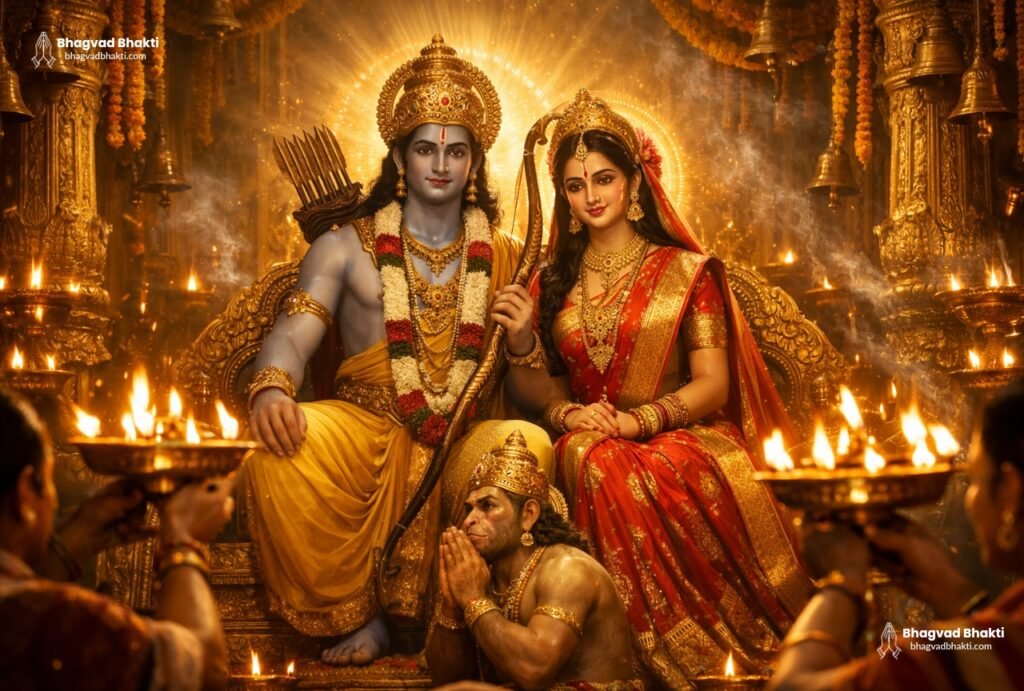 श्री राम और सीता सिंहासन पर विराजमान हैं, और हनुमान हाथ जोड़कर उनके चरणों में बैठे हैं। मंदिर दीपों से जगमगा रहा है। भक्त आरती (Aarti kije Shri Raghuvar ji ki) कर रहे हैं।