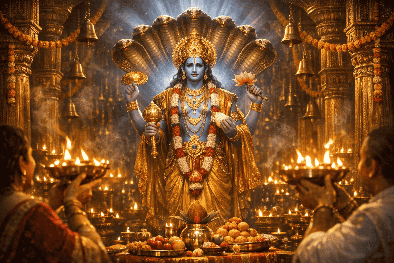 Lord Satyananarayana stands holding a conch, a chakra, a gada and a lotus in his hands. Above him is the shadow of Sheshnag. The devotees have offered him bhog and are performing his aarti (Satyanarayan Aarti in English).
