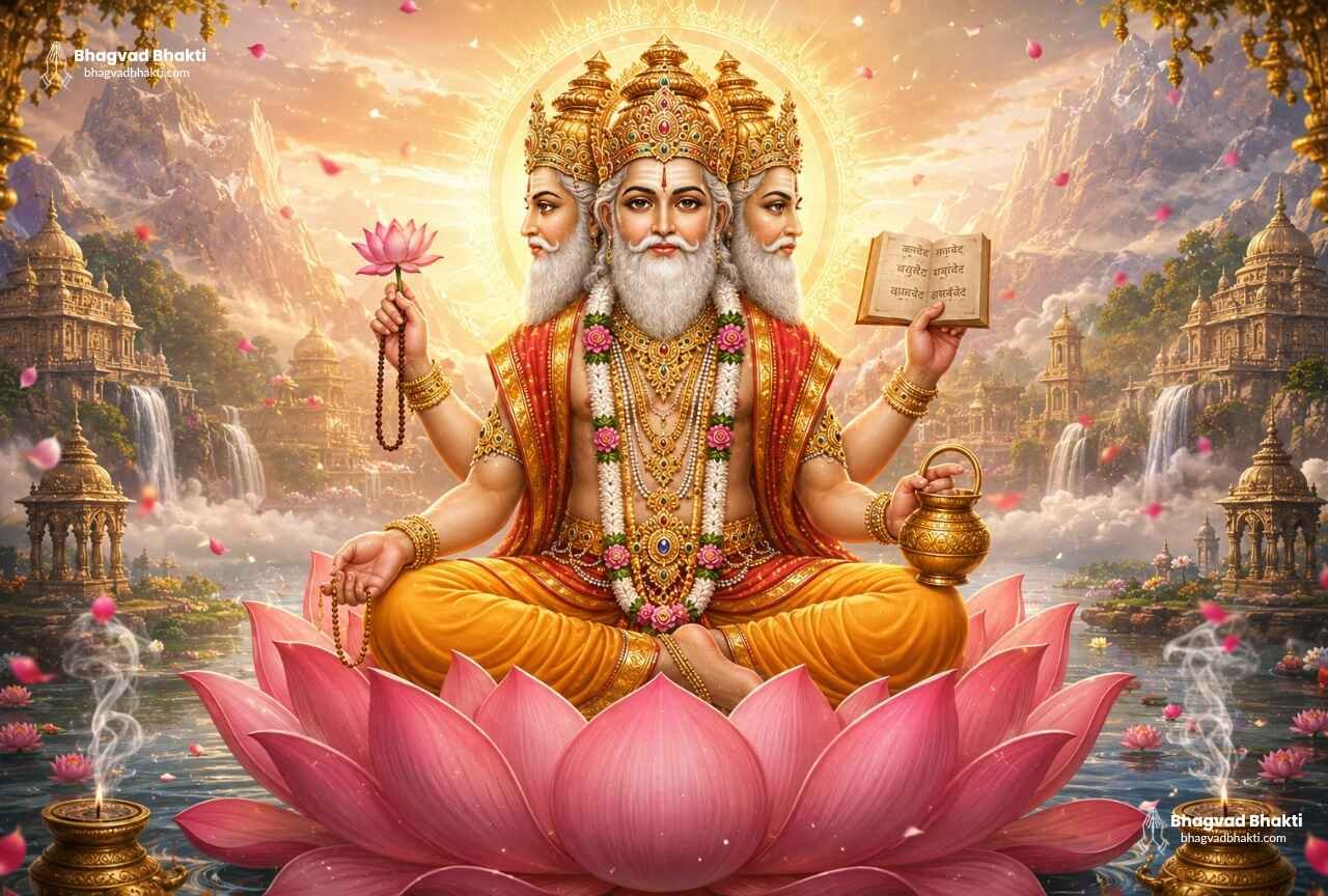 Brahma chalisa के लिए छवि जिसमें चार मुखों वाले भगवान ब्रह्मा कमल के विशाल आसन पर विराजमान हैं, हाथों में वेद, कमंडल, माला और कमल धारण किए हुए अपने दिव्य सत्यलोक में स्थित हैं।