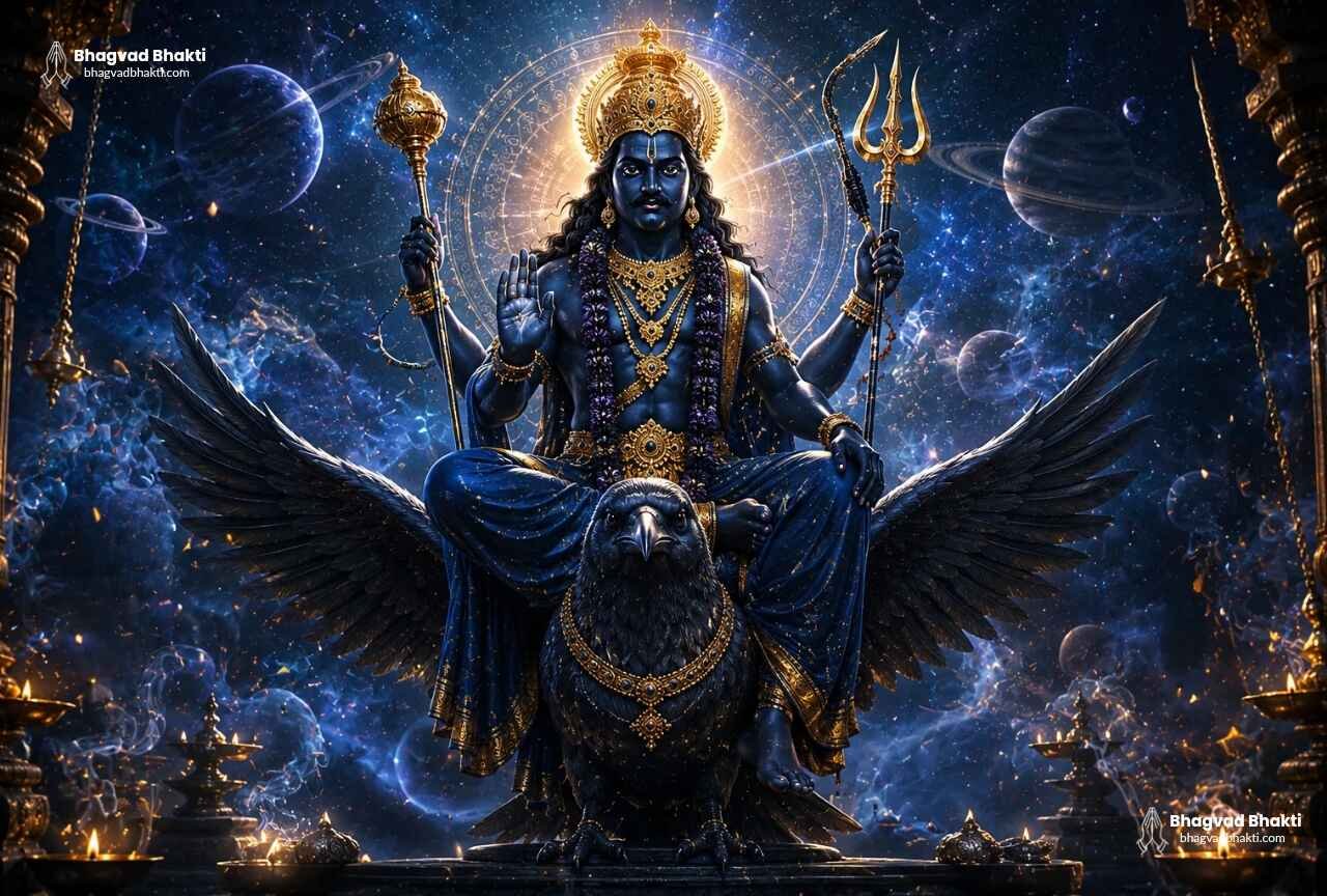 Shri Shani Chalisa Lyrics के लिए छवि जिसमें भगवान शनि देव अपने नीलवर्ण दिव्य स्वरूप में अपने वाहन कौए पर विराजमान हैं, हाथों में त्रिशूल और दंड धारण किए हुए ब्रह्मांडीय आकाश के मध्य आशीर्वाद देते हुए।