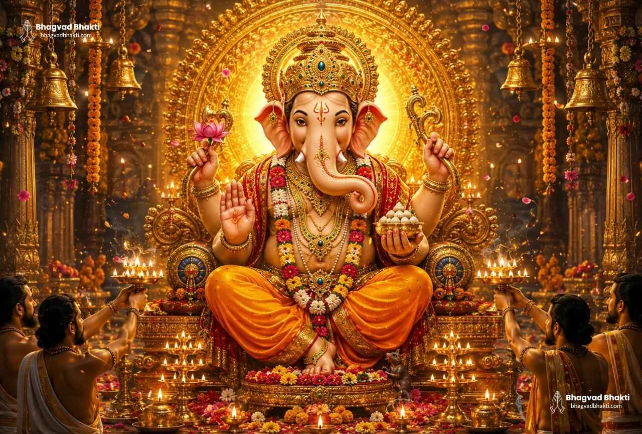 A suitable image for Aarti Gajvadan Vinayak ki in English, in which Lord Ganesha is seated on a golden throne, holding a lotus and modak. In his hands are an ankush and the varad mudra. Devotees are performing the aarti with lamps, and his mouse vehicle stands by his feet.