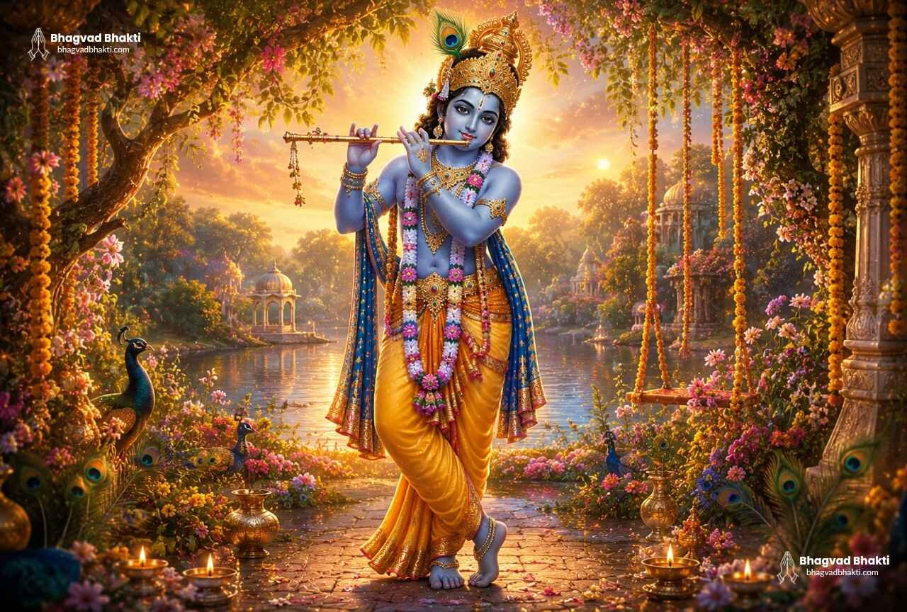 Shri Krishna Chalisa के लिए छवि जिसमें भगवान श्रीकृष्ण बांसुरी बजाते हुए वृंदावन के पुष्पों से सजे सुंदर उपवन में मोर पंख और मुकुट धारण किए हुए दिव्य मुद्रा में खड़े हैं।