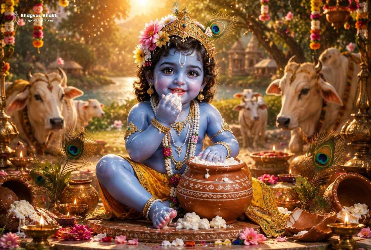 Gopal Chalisa के लिए छवि जिसमें वृंदावन में आनंदपूर्वक बैठे बाल कृष्ण मिट्टी के मटके से ताज़ा माखन खाते हुए, चारों ओर गायें, मोरपंख, पुष्प और दीपक सजे हुए हैं।