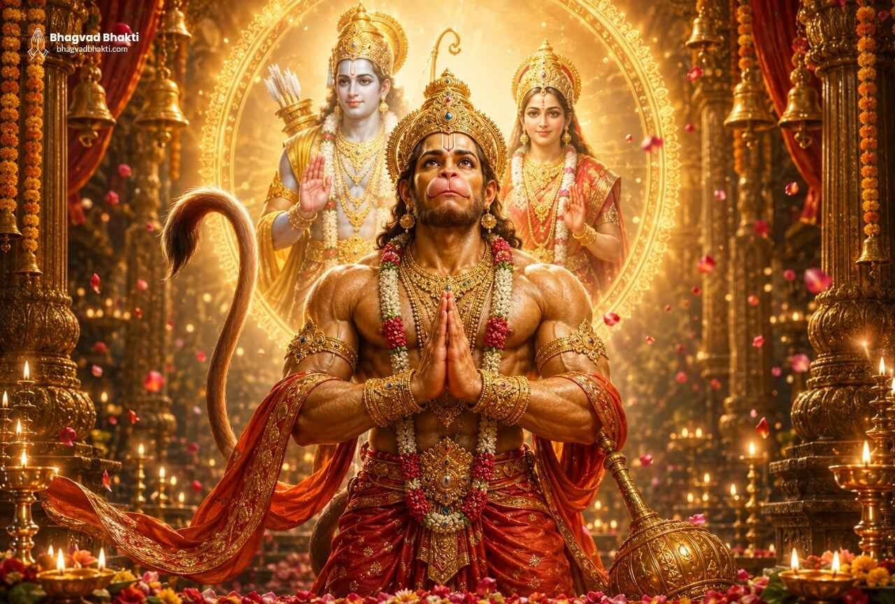 An image for Hanumat Stavan in English depicting Lord Hanuman praying with folded hands in a golden temple, with Lord Rama and Mother Sita standing behind him, bestowing divine blessings.