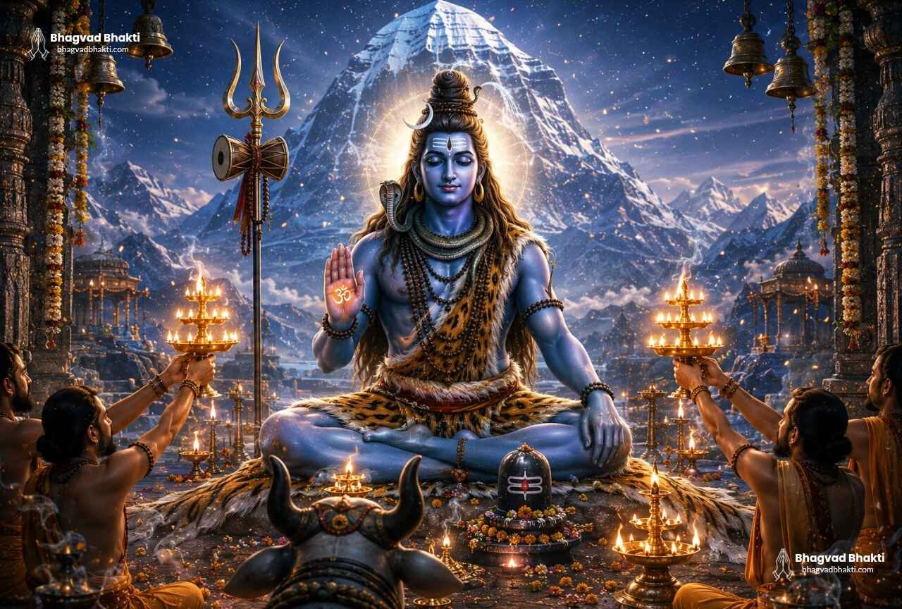 An image for "Aarti Param Samb Shankar ki in English" in which Lord Shiva is seated in a meditative posture before Mount Kailash. Beside him are his trident, damaru, lingam and Nandi. All around, devotees are performing the aarti with oil lamps.