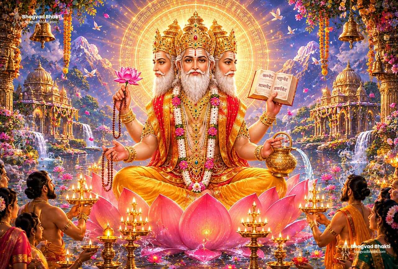 An image for Brahma Aarti in English, depicting the four-headed Brahma seated on a lotus throne. In his hands are a lotus flower, the Vedas, a water pot and a rudraksha mala. Devotees are performing the aarti with lamps, and in the background are mountains, a temple and a waterfall.