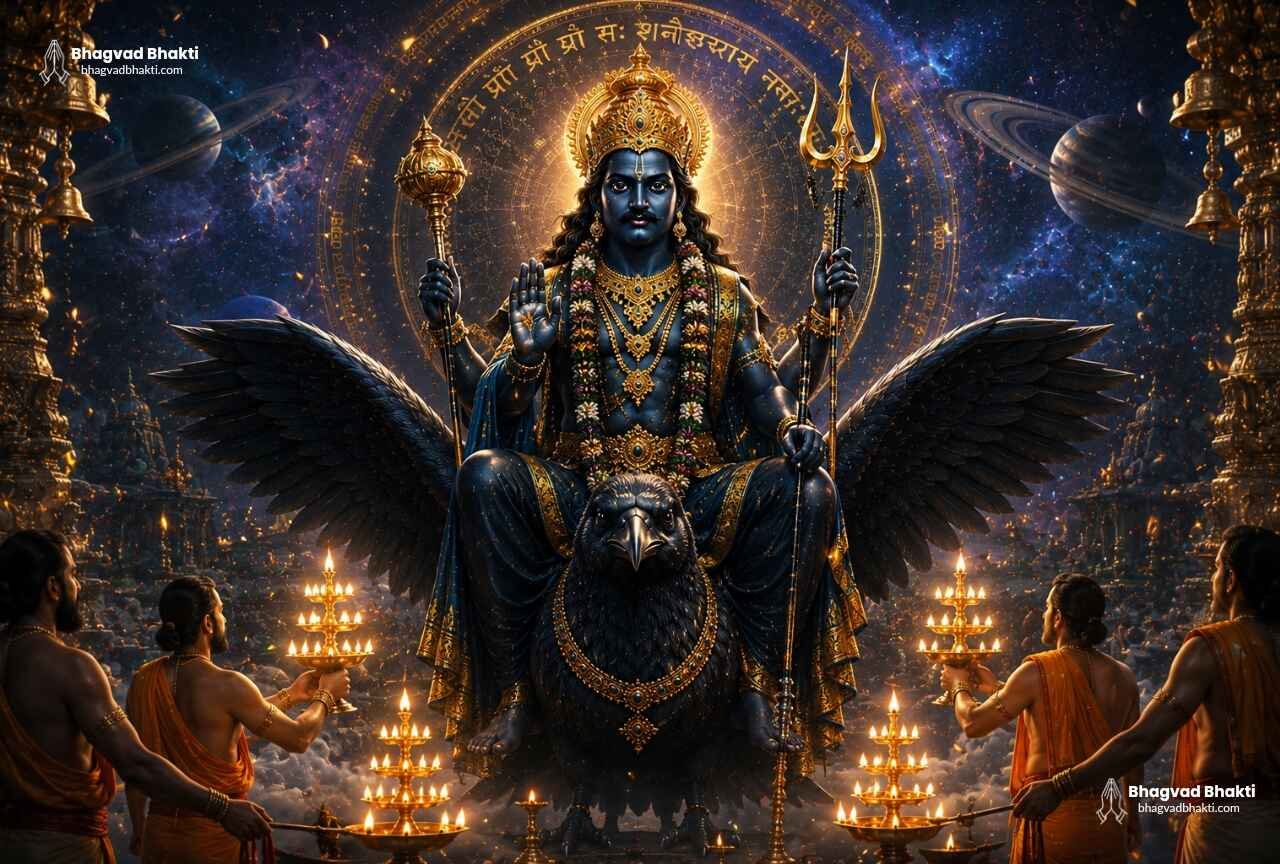An image for Shani Aarti in English, depicting Lord Shani in his dark divine form, seated upon a colossal crow. In his hands are a trishul and a gada, while devotees perform the aarti with lamps. In the background, a celestial scene of stars, planets and cosmic auras creates a supernatural vista.