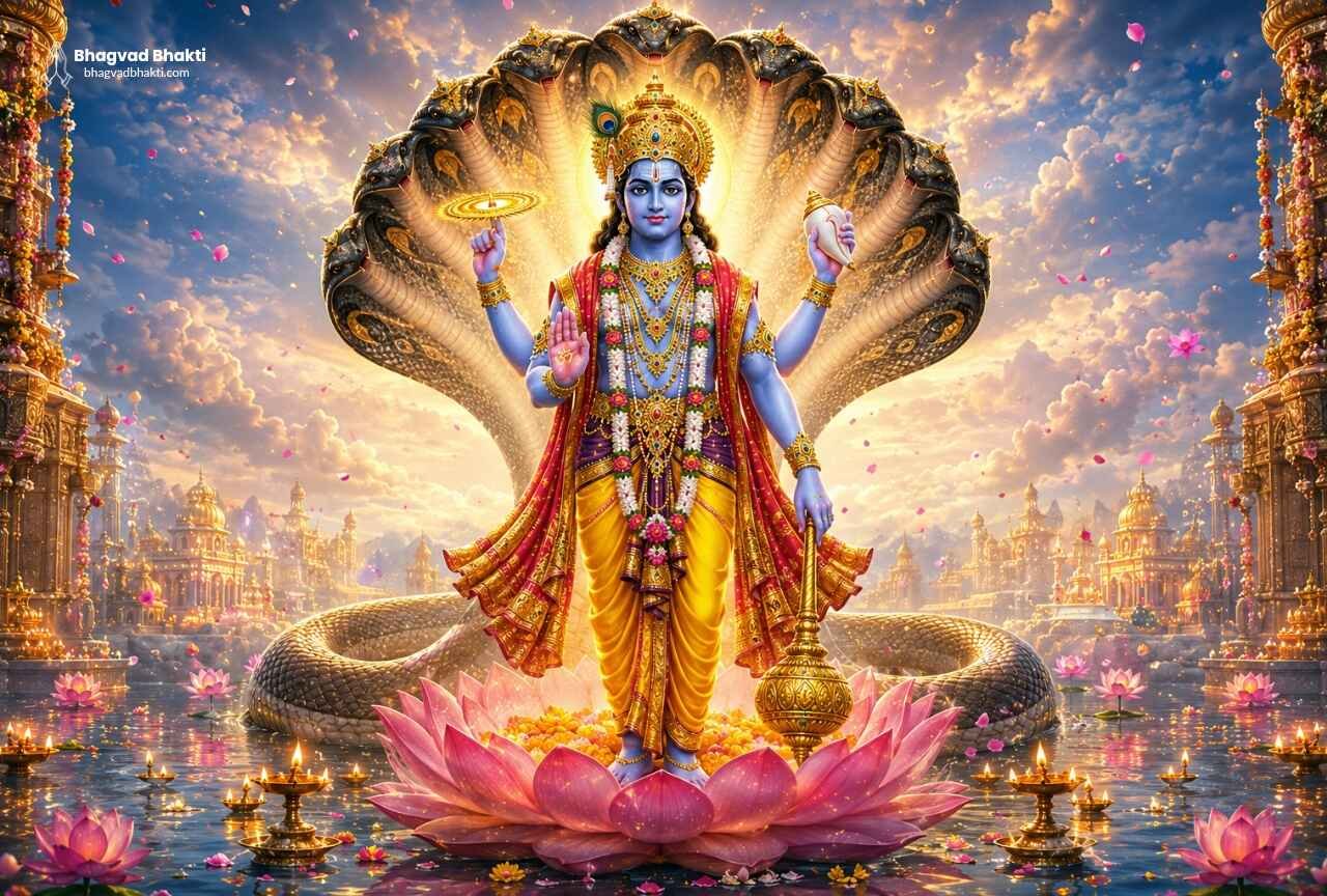 An image for the Vishnu Chalisa in English showing Lord Vishnu standing on a pink lotus in Vaikuntha in his four-armed form, above which the divine hood of Sheshnag is spread out like an umbrella.