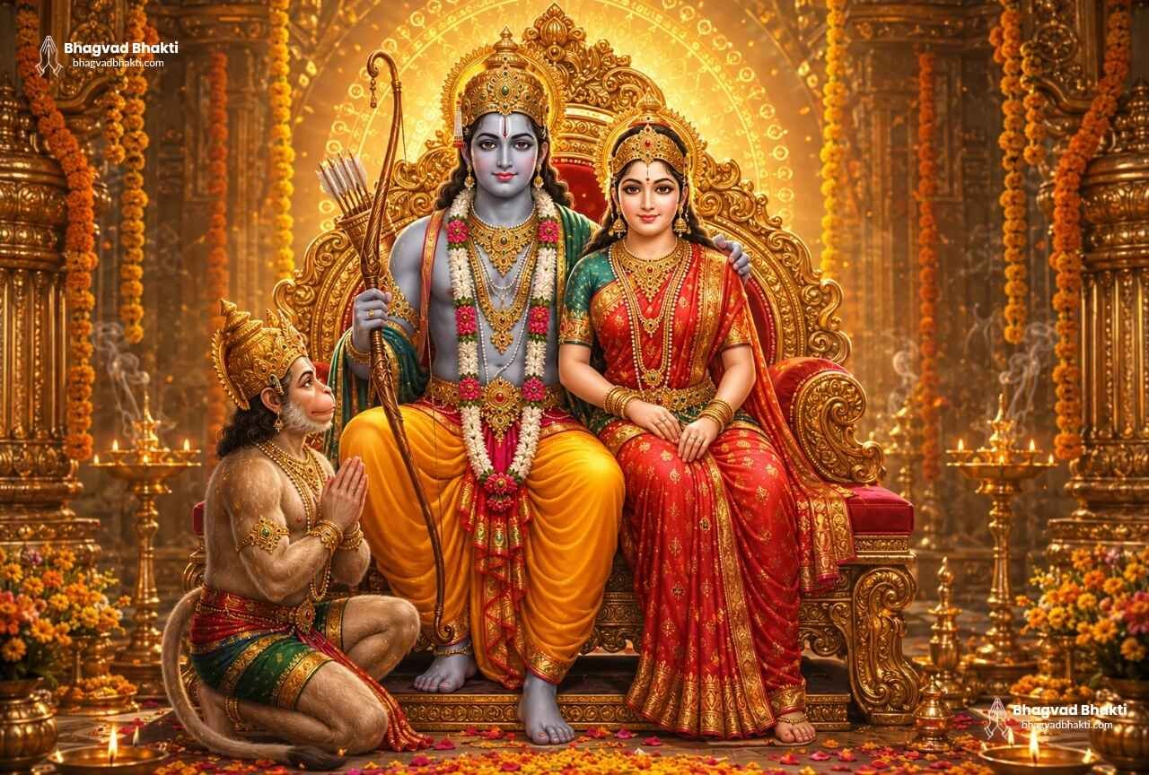 Shri Ram Chalisa के लिए छवि जिसमें स्वर्णिम मंदिर में सिंहासन पर विराजमान श्री राम और माता सीता, श्री राम के हाथ में धनुष और तरकश, तथा उनके चरणों में हाथ जोड़कर भक्त हनुमान जी बैठे हैं।