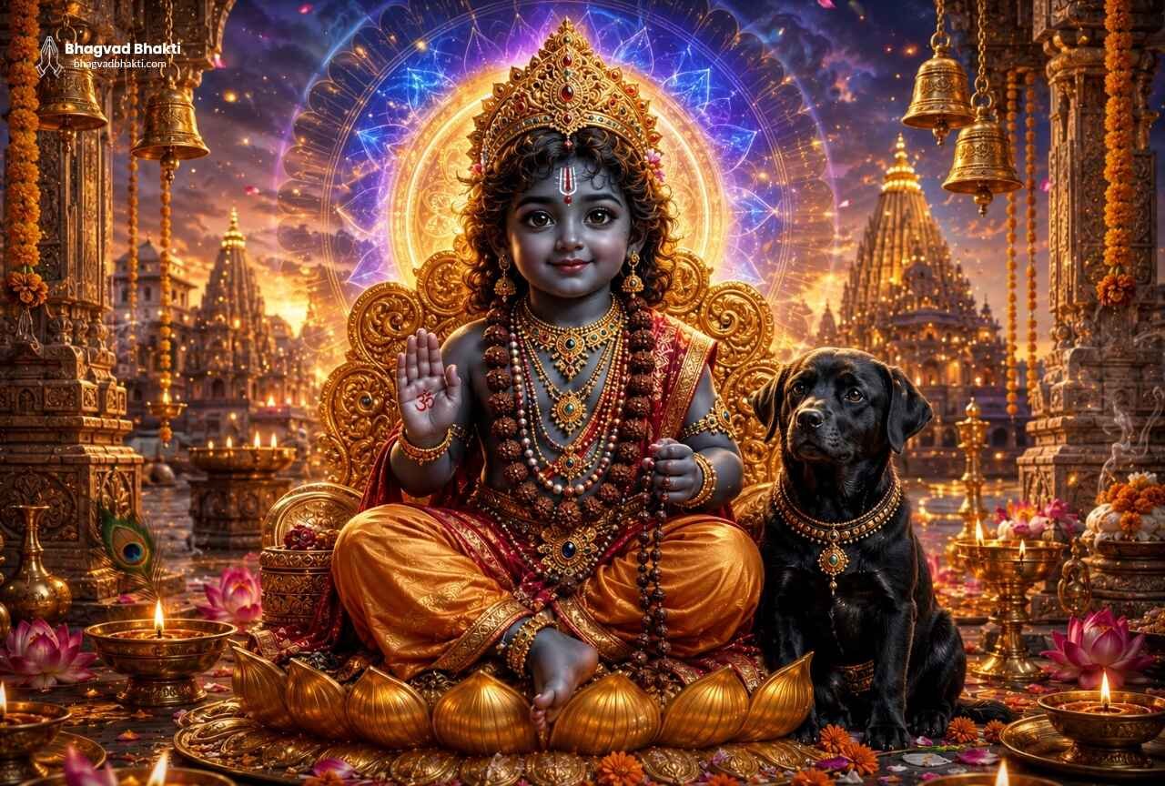 An image for the Batuk Bhairav Chalisa in English depicting the enchanting form of Butuk Bhairav seated on a golden lotus, accompanied by his sacred canine mount. In the background, the temples of Kashi, rows of lamps and divine halos are resplendent.