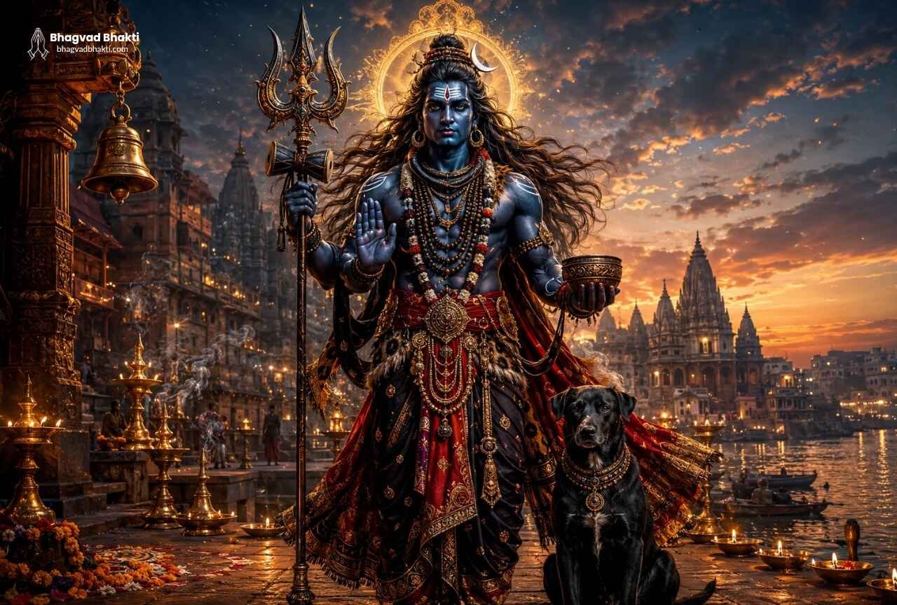 An image for the Kaal Bhairav Chalisa in English At the sacred ghat of Kashi, at dusk, Lord Kaal Bhairav stands in his divine form with his trident. Beside him sits his mount, a dog, and all around the light of lamps and the otherworldly sight of temples can be seen.