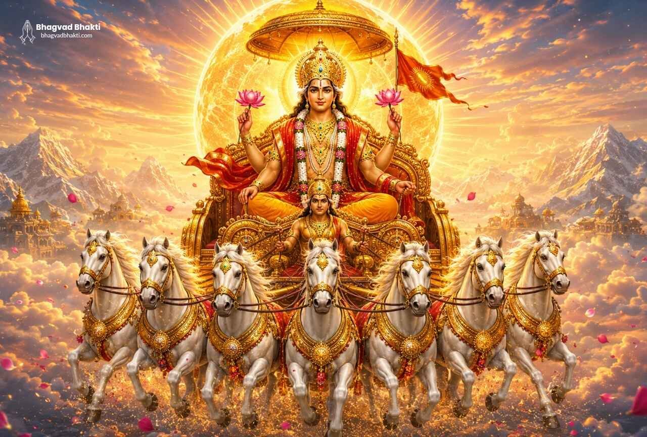 Surya Chalisa के लिए छवि सात श्वेत अश्वों द्वारा खींचे जा रहे दिव्य रथ पर विराजमान भगवान सूर्य देव, जिनके सारथी अरुण रथ का संचालन कर रहे हैं। पृष्ठभूमि में स्वर्णिम सूर्य, और दिव्य आकाश का मनोहारी दृश्य है।